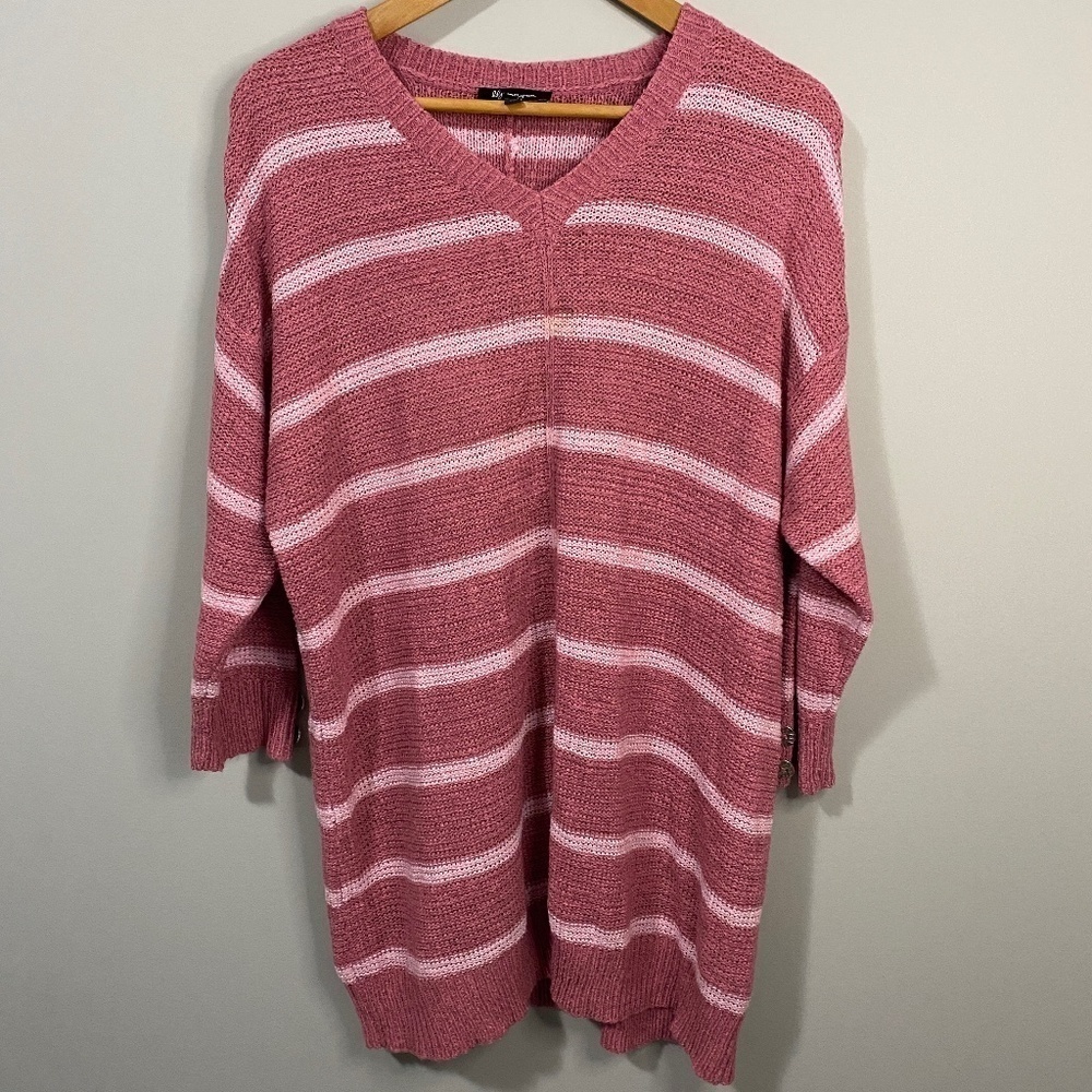 Lily Morgan Pink Striped Women's Oversized V-neck‎ Tunic Sweater Size 1x